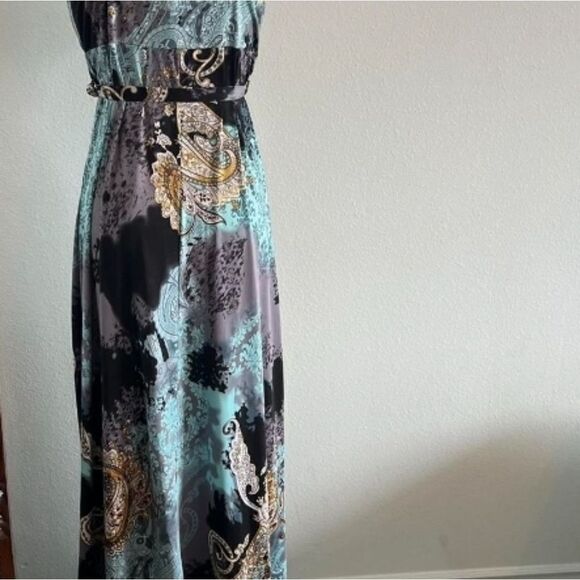 Essentials By Milano Sz M Womens Maxi Dress Paisley Green Beads Spaghetti - Picture 13 of 13